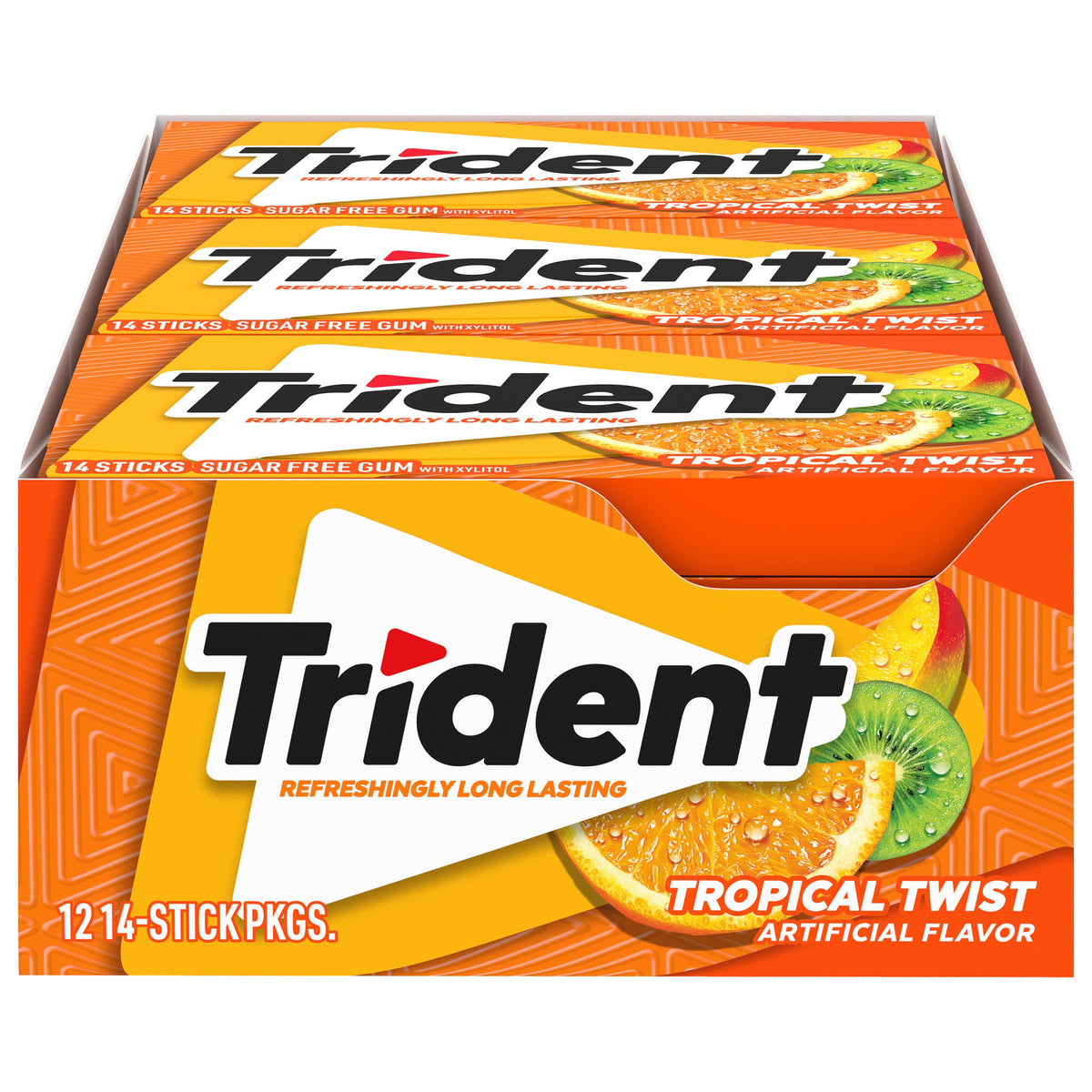 Trident Tropical Twist gum pack with 14 pieces per pack for on-the-go freshness