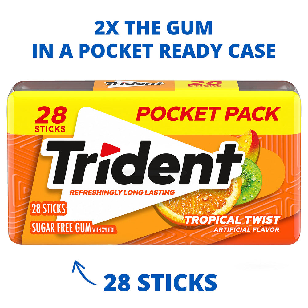 Trident Tropical Twist gum piece closeup illustrates tangy tropical flavor in bite-sized form.