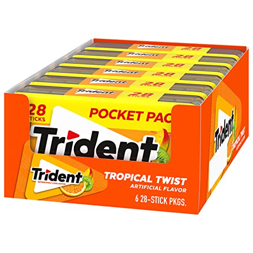 Trident Tropical Twist sugar-free label confirms calorie-conscious choice.