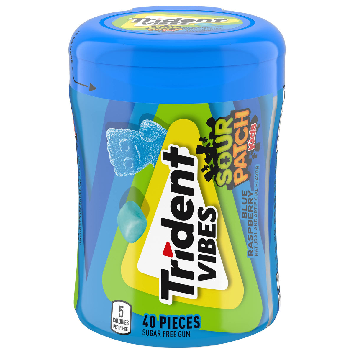 Trident Vibes Blue Raspberry gum shell closeup for bold on-the-go flavor.