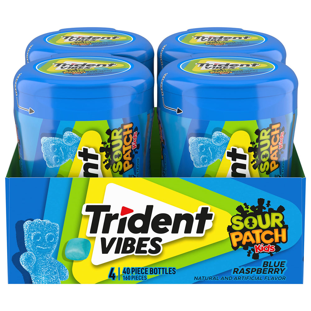 Trident Vibes Sour Patch Kids blue raspberry gum bottle, convenient 160-piece supply for on-the-go.