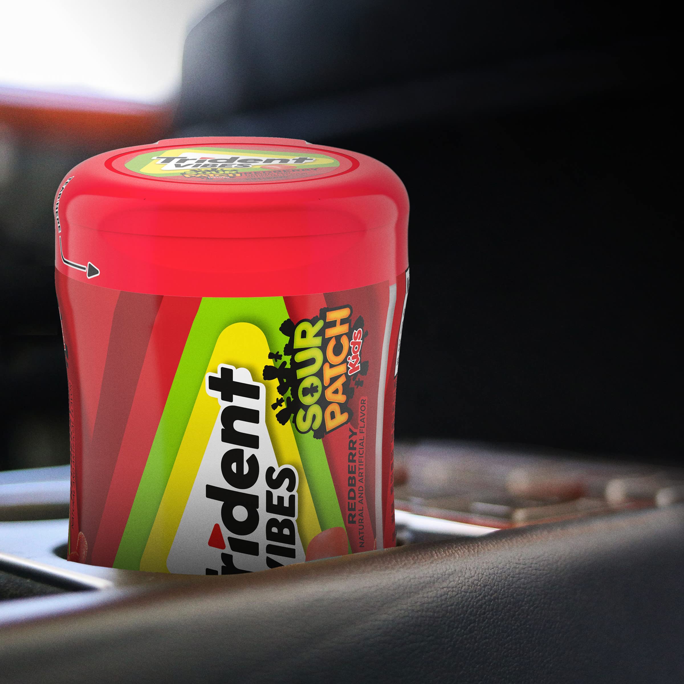 Trident Vibes Sour Patch Kids Redberry gum breath-freshening cue.