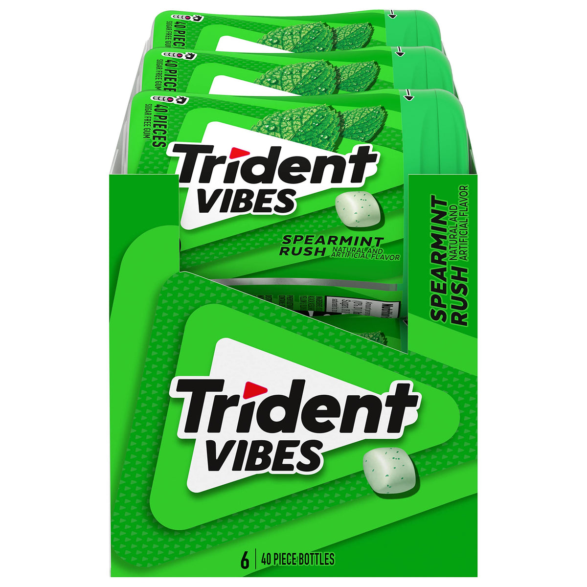 Trident Vibes Spearmint Rush bottle with 40 pieces for quick breath refresh.
