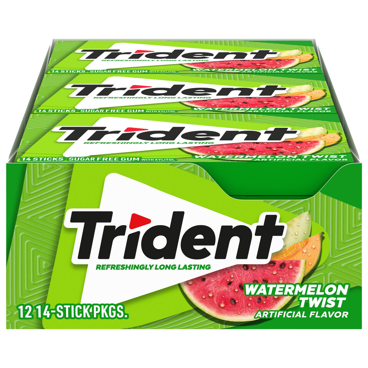 Trident Watermelon Twist gum pack shot shows 12 packs for bulk office use.