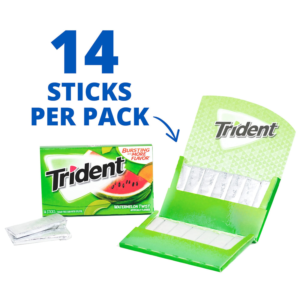 Trident Watermelon Twist gum stick close-up shows fruity texture.