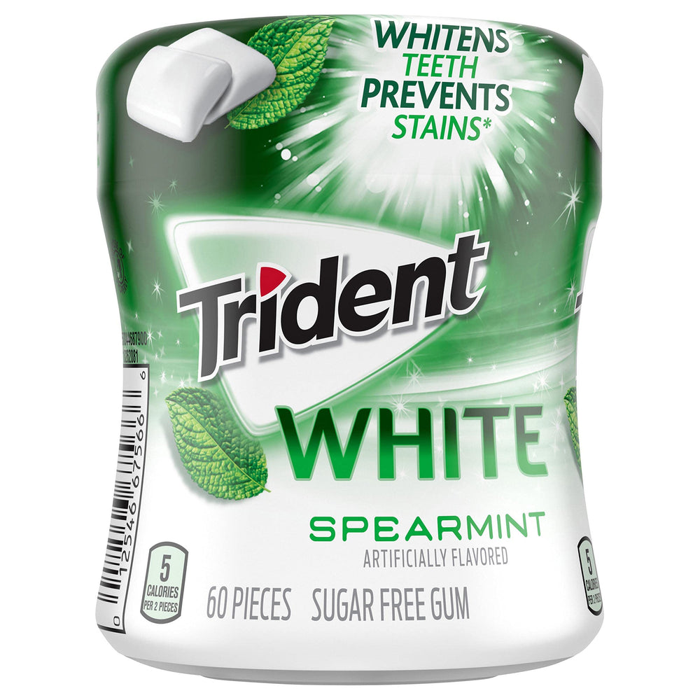 Trident White Spearmint 60-piece bottle close-up shows sugar-free option.