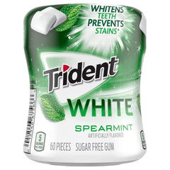 Trident White Spearmint 60-piece bottle close-up shows sugar-free option.