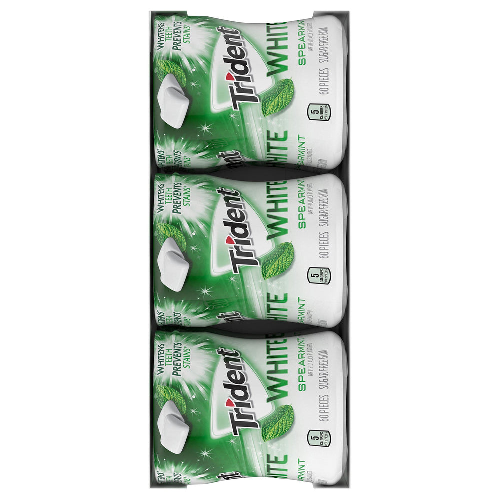 Trident White Spearmint gum bottle side showing six-bottle bulk convenience.