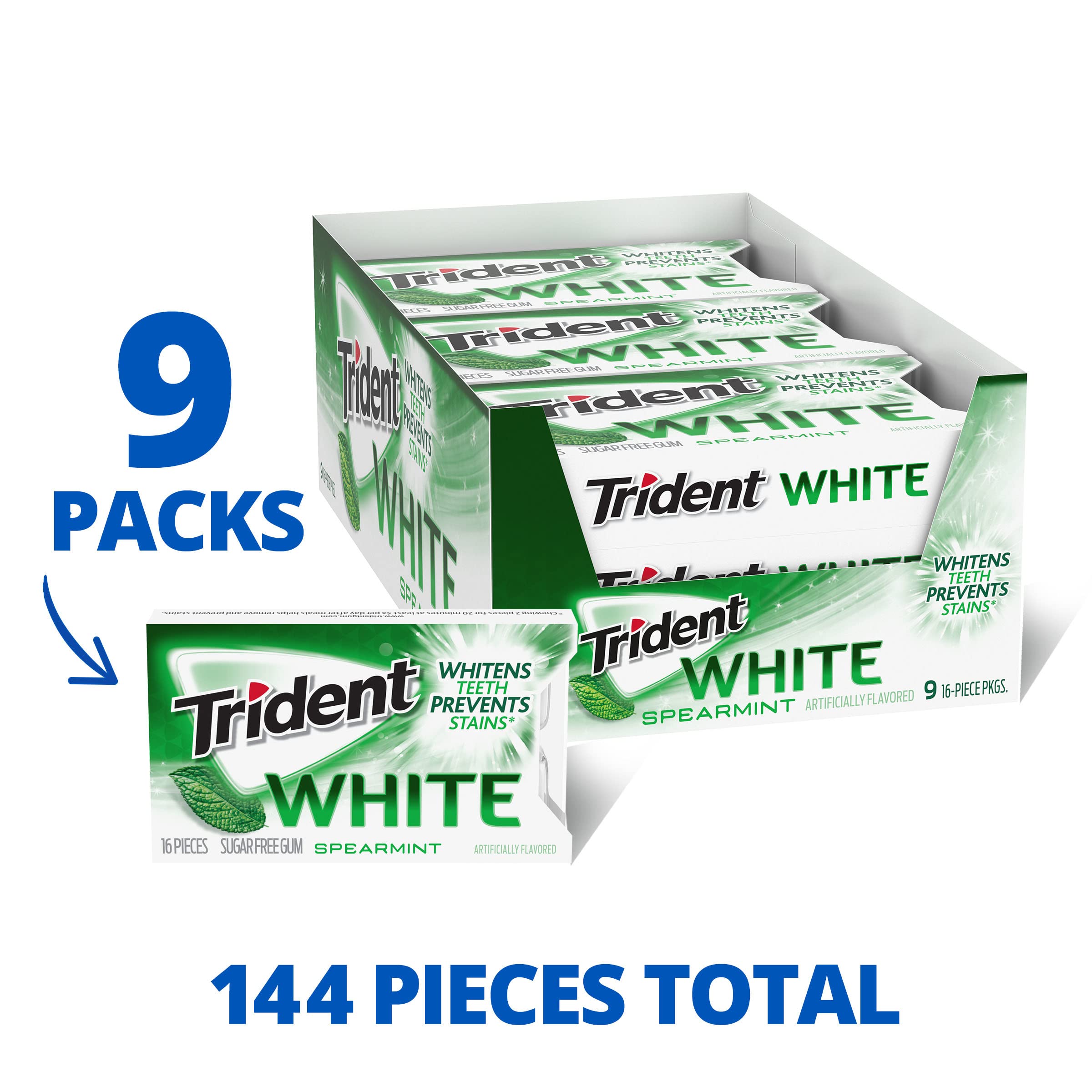 Trident White Spearmint gum 144 total pieces bulk pack emphasizes value and convenience.