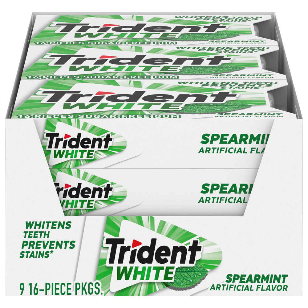 Trident White Spearmint gum 9-pack display shows 144 pieces for easy sharing after meals.