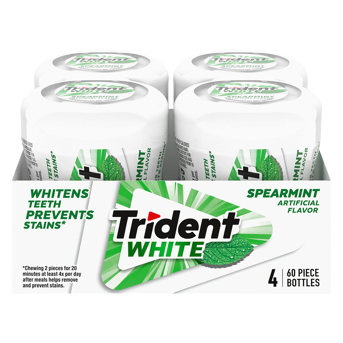 Trident White Spearmint gum bottle front shows four-pack for on-the-go freshness.