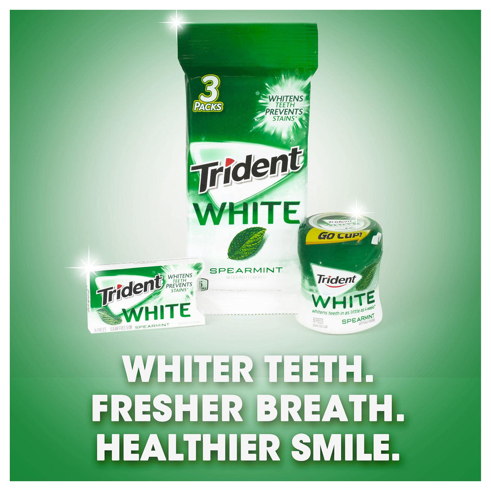 Trident White Spearmint packaging label highlights sugar-free, low calories.