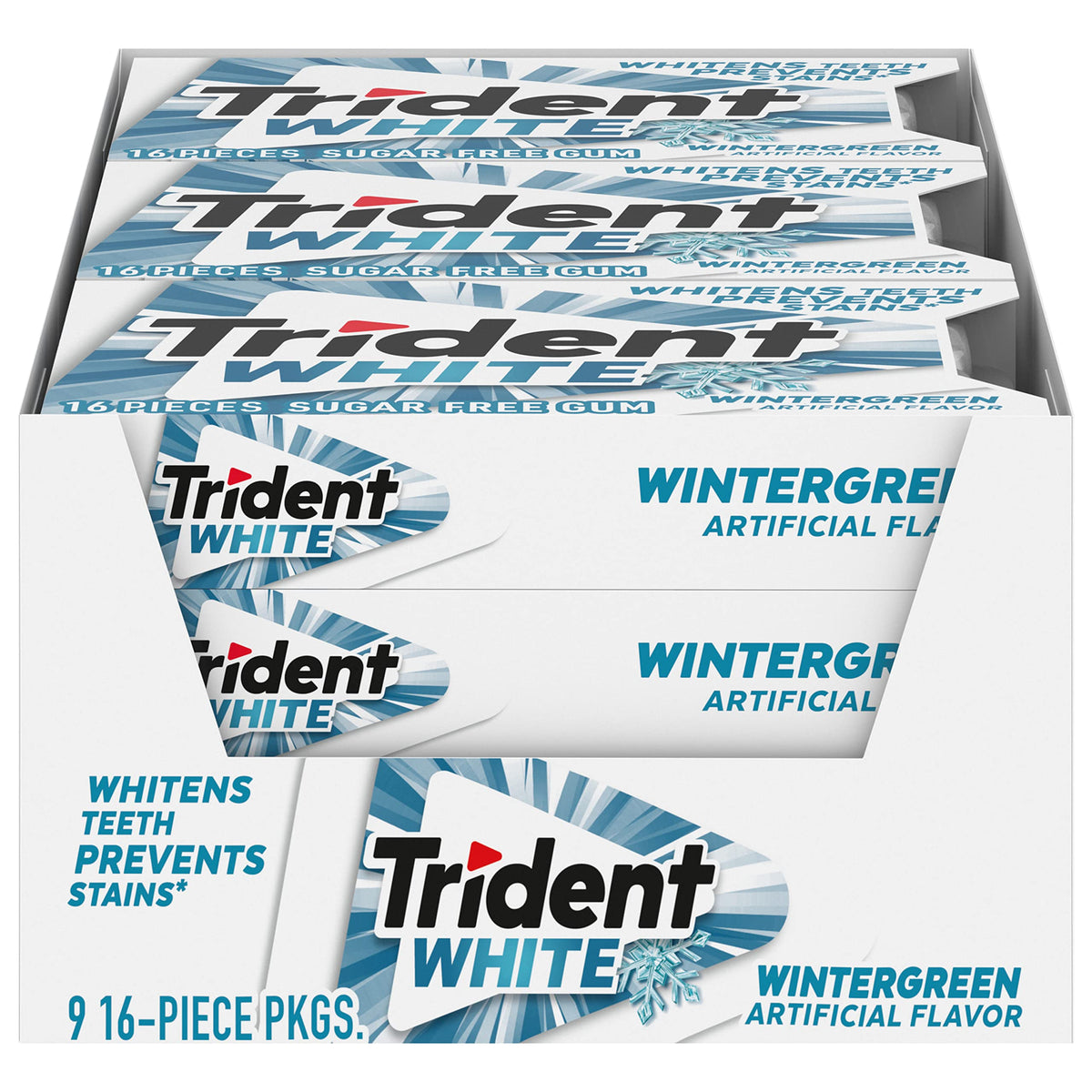 Trident White Wintergreen gum pack with 16 pieces for quick minty freshness.