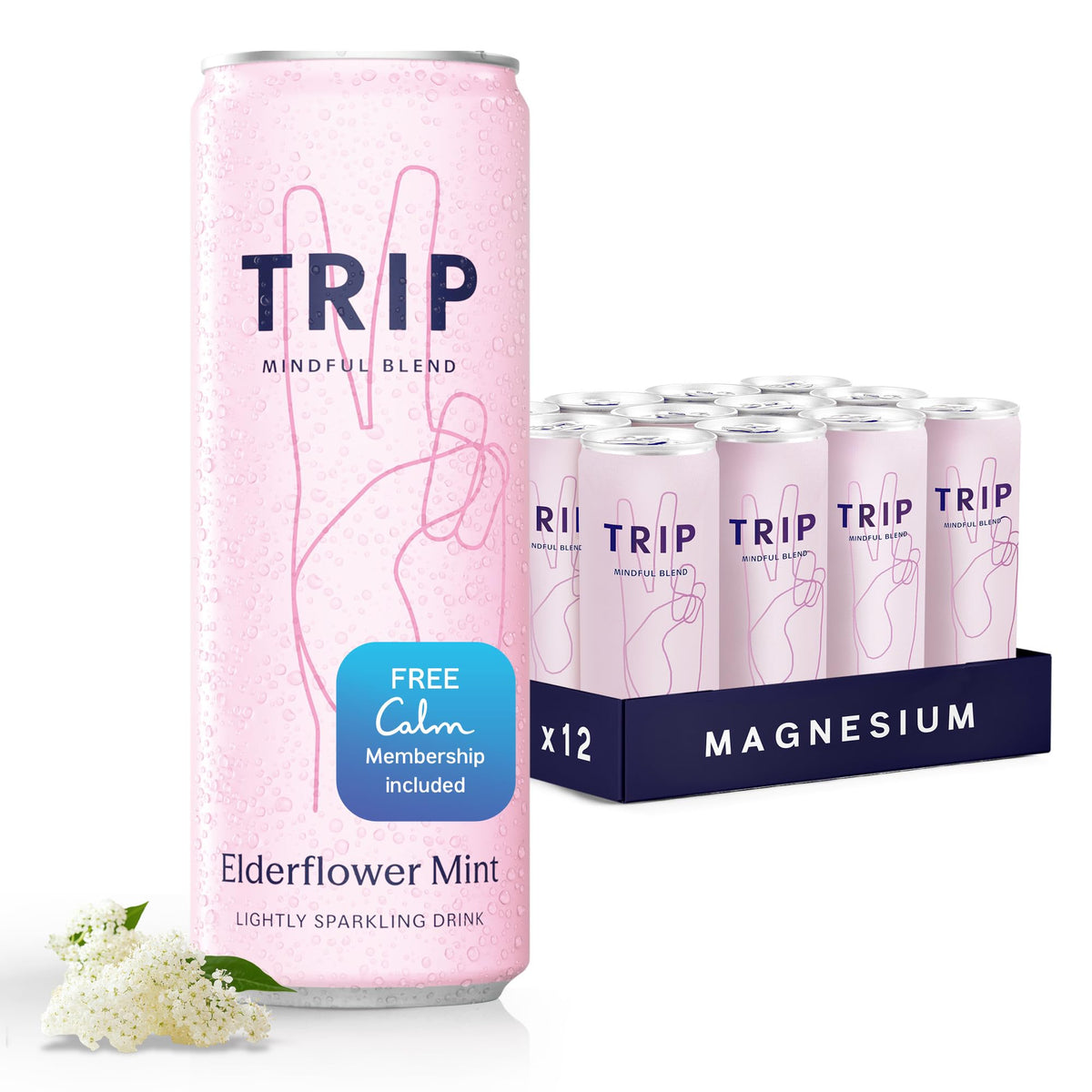 TRIP Lightly Sparkling bottle with Elderflower Mint offers a refreshing, low-calorie flavor.