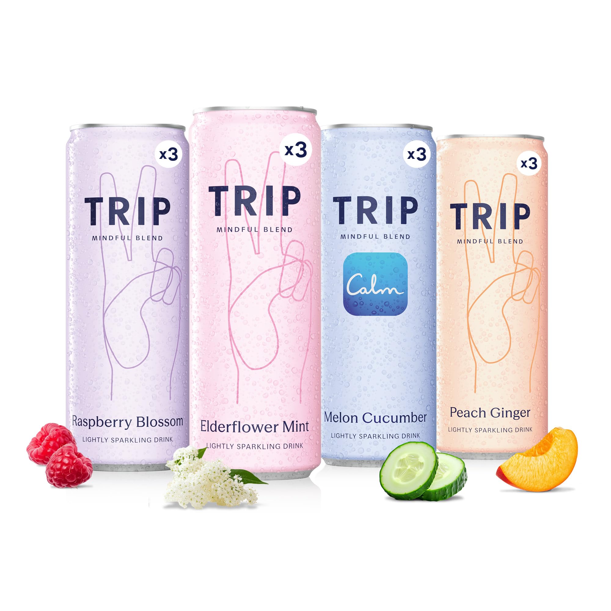 TRIP Lightly Sparkling bottle front shows a premium adaptogen drink for mindful sipping.