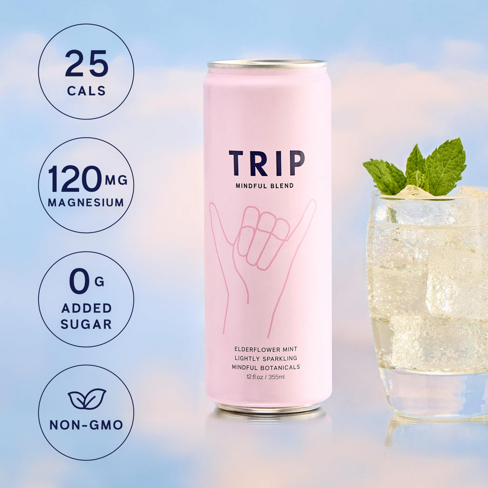 TRIP Lightly Sparkling bottle Peach Ginger blends bright fruit with spice.