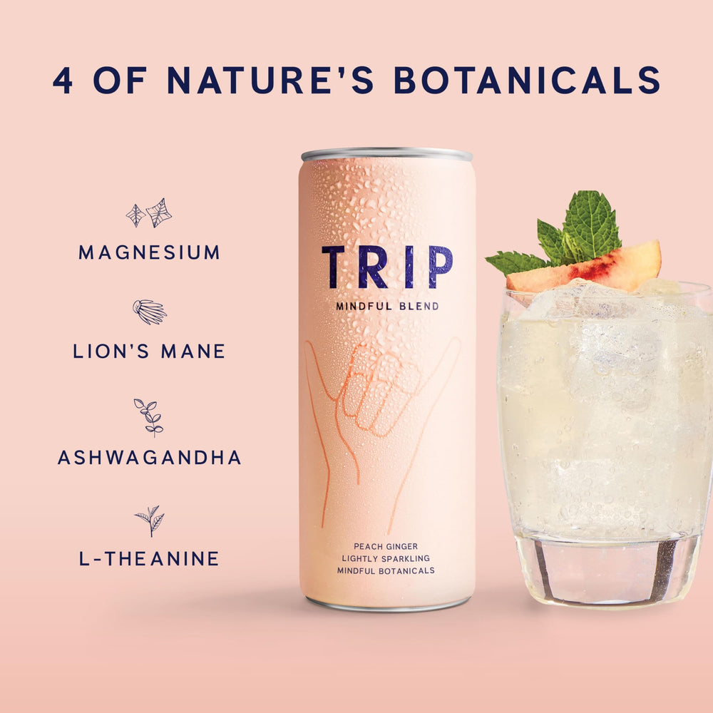 TRIP Peach Ginger can pictured as a flavorful, low-calorie treat.