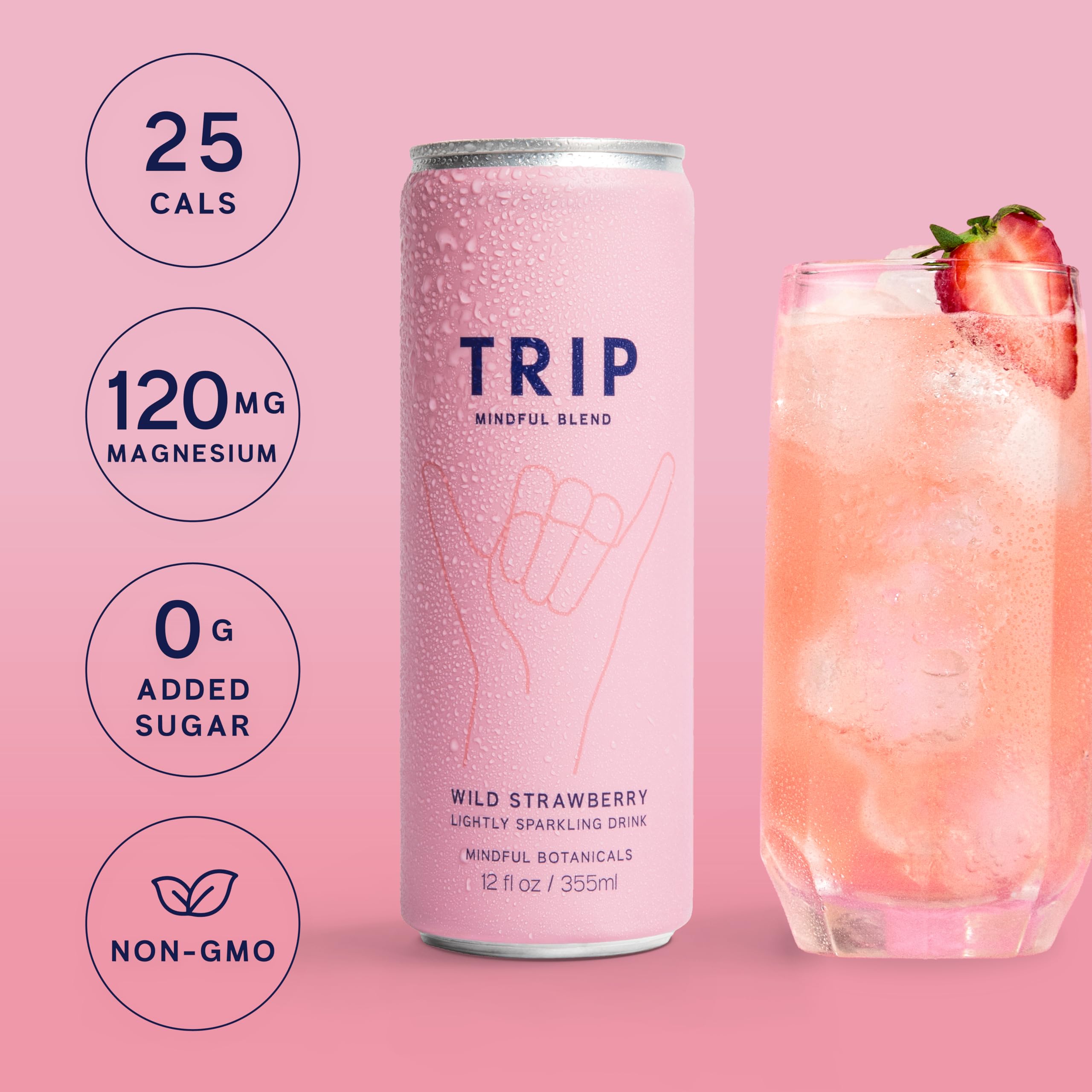 TRIP Lightly Sparkling served in glass with can on ice.
