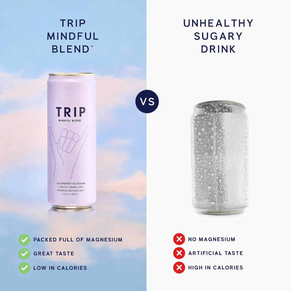 Illustration of magnesium and adaptogenic botanicals with TRIP branding.
