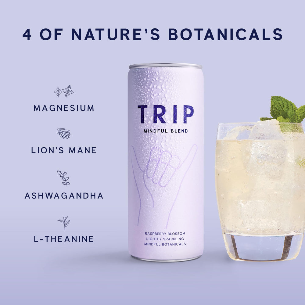 TRIP Lightly Sparkling Raspberry Blossom bottle, versatile for solo or party moments.