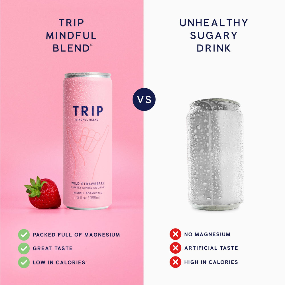 TRIP Lightly Sparkling twelve-pack display highlighting low calories and no added sugar.