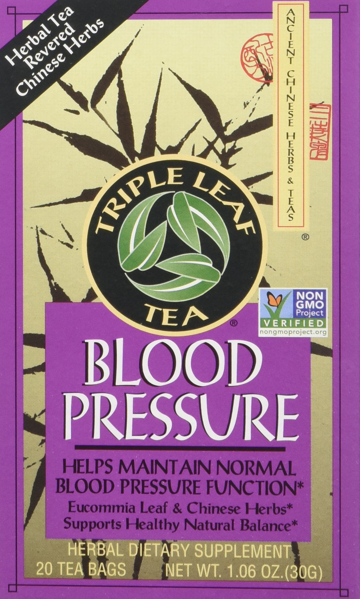 Triple Leaf Blood Pressure Tea bags close-up leaves, inviting aromatic herbal brew.