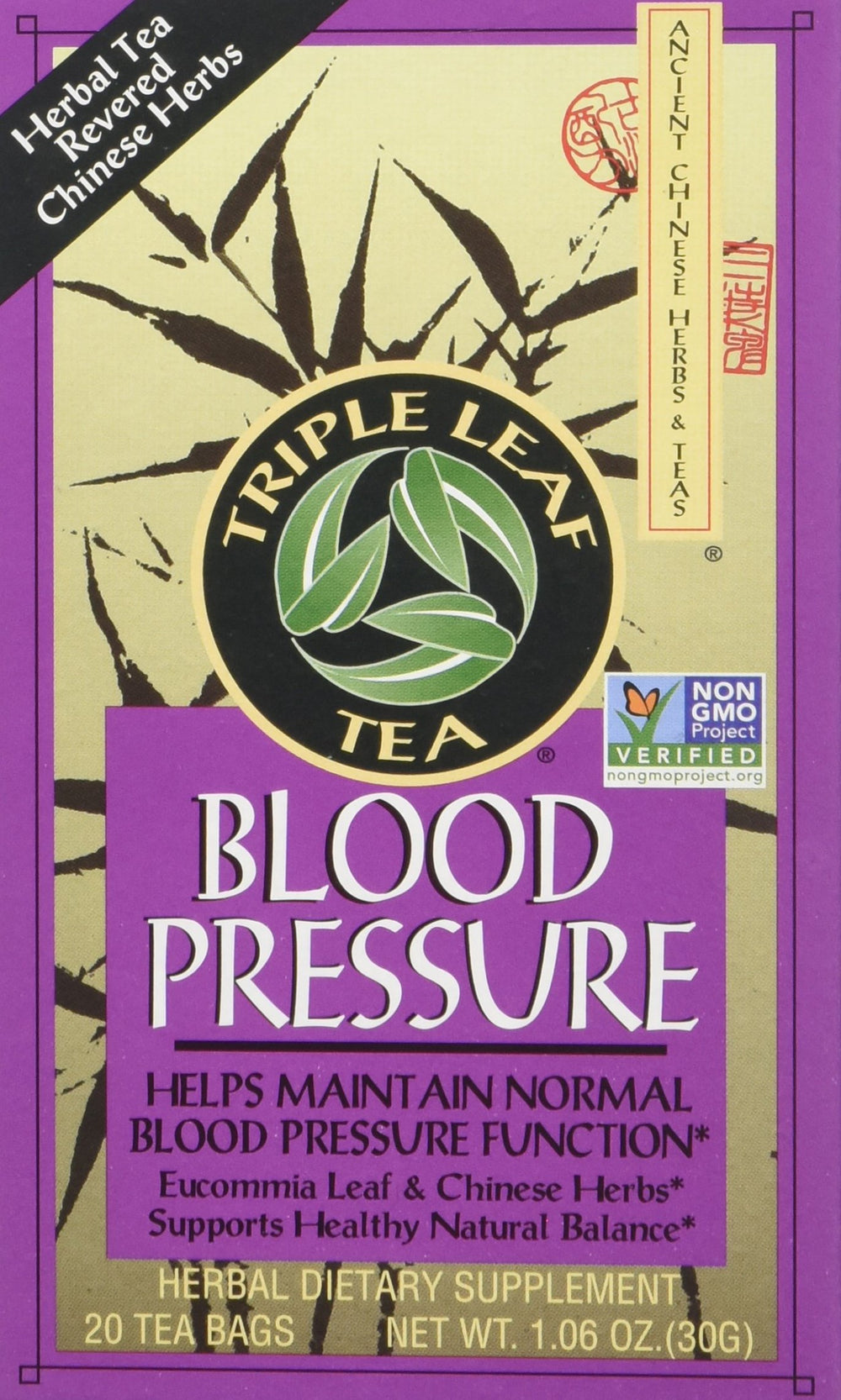 Triple Leaf Blood Pressure Tea bags close-up leaves, inviting aromatic herbal brew.