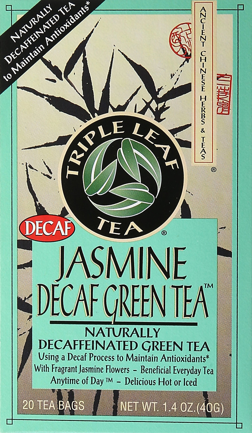 Triple Leaf Tea Jasmine Green Decaffeinated Pack showcases fragrant aroma and smooth taste.