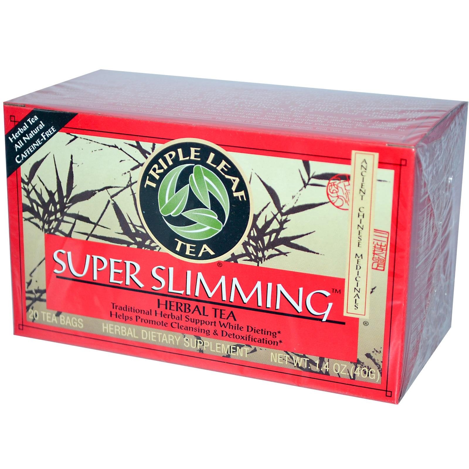 Triple Leaf Tea Super Slimming Tea box highlighting caffeine-free, non-GMO formula.
