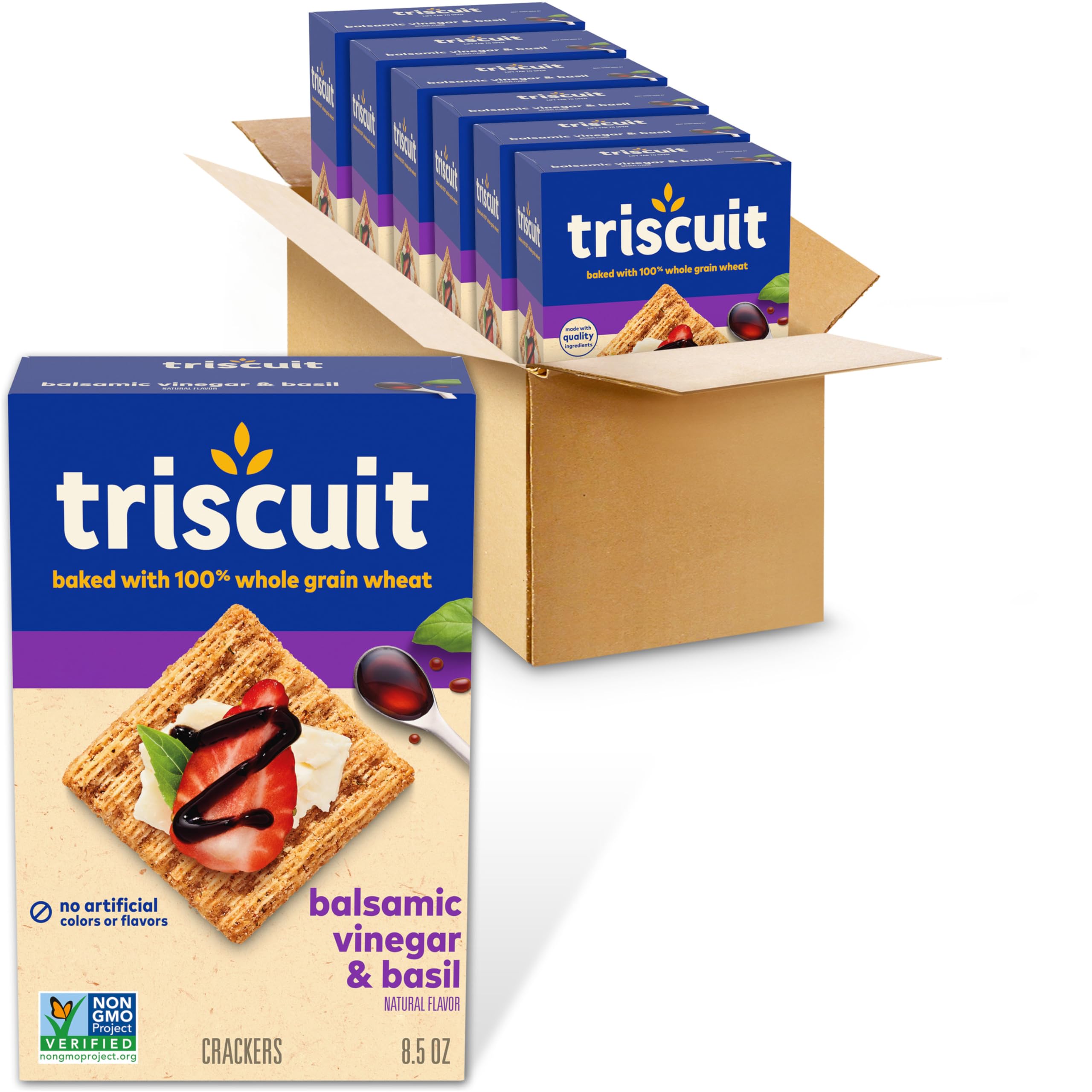 Triscuit Balsamic Vinegar & Basil box front showing bulk six-pack option