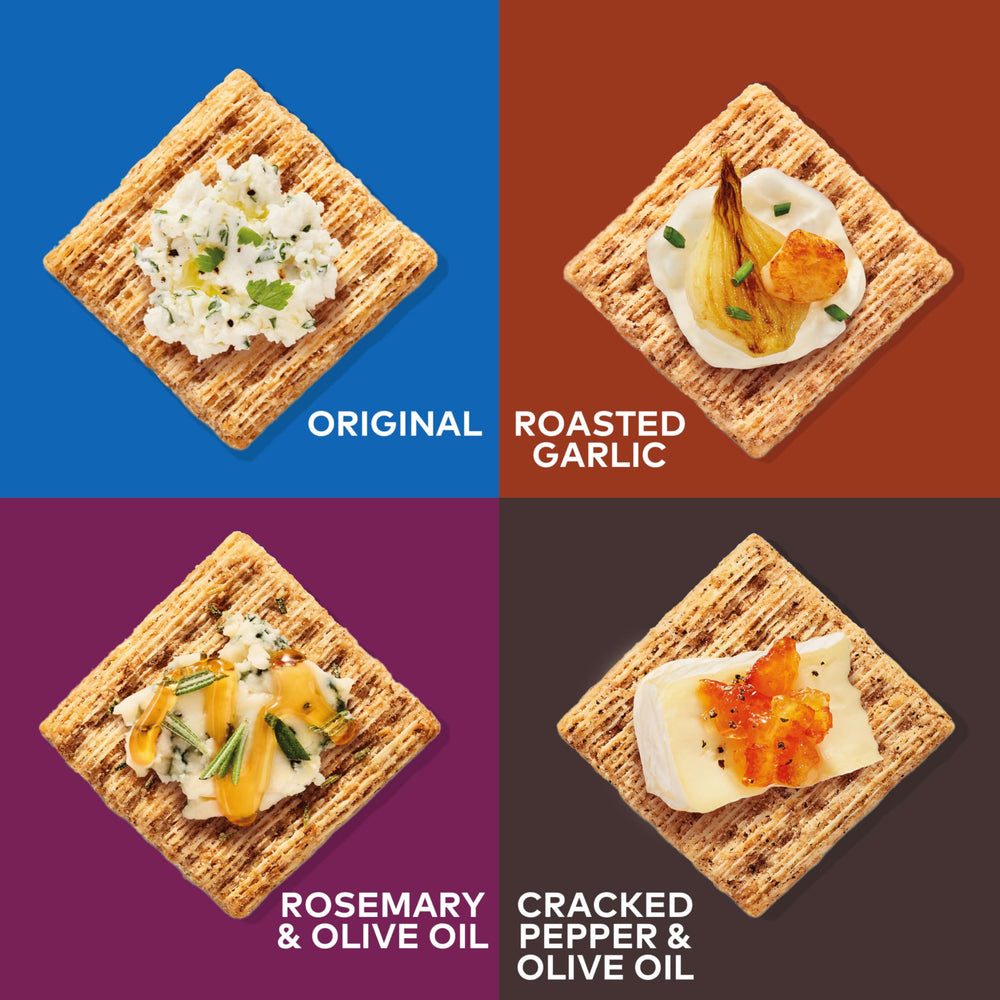 Triscuit Cracked Pepper and Olive Oil crackers with bold crunch.