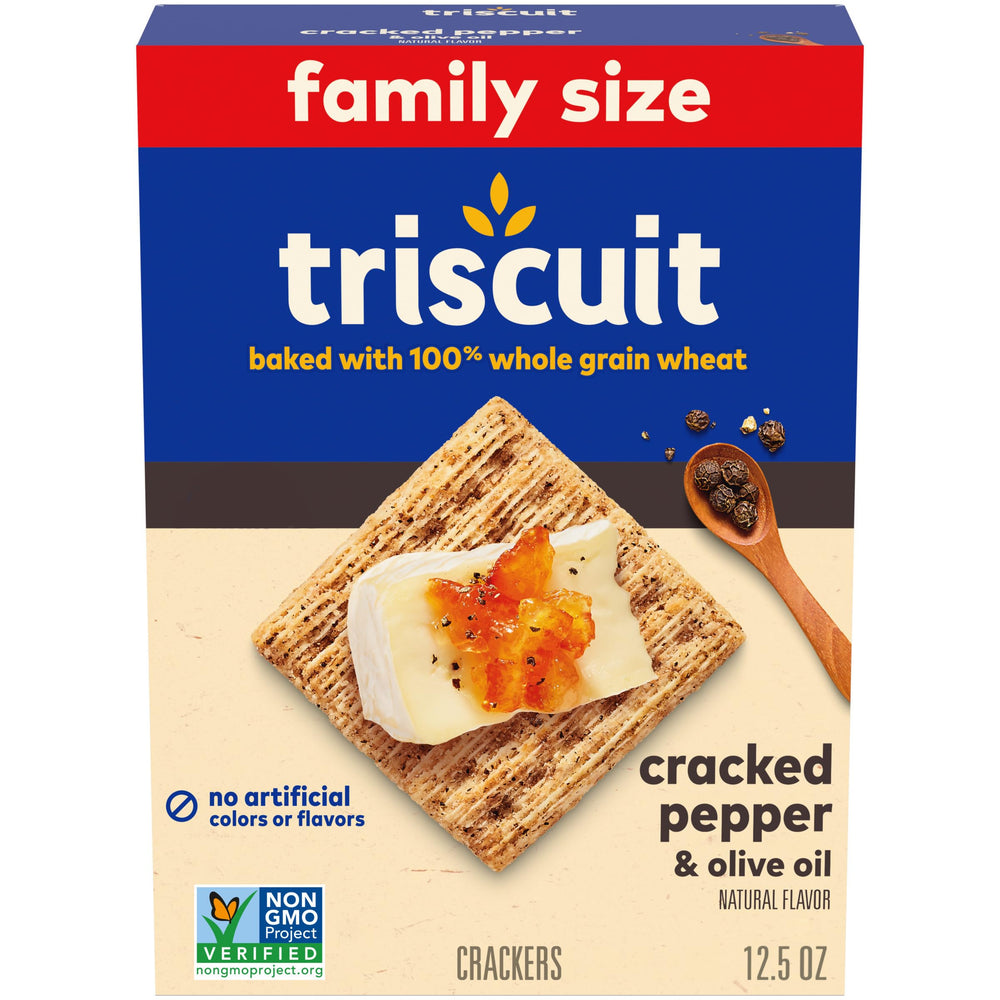 Triscuit cracked pepper and olive oil crackers close-up texture showcases crisp woven surface.