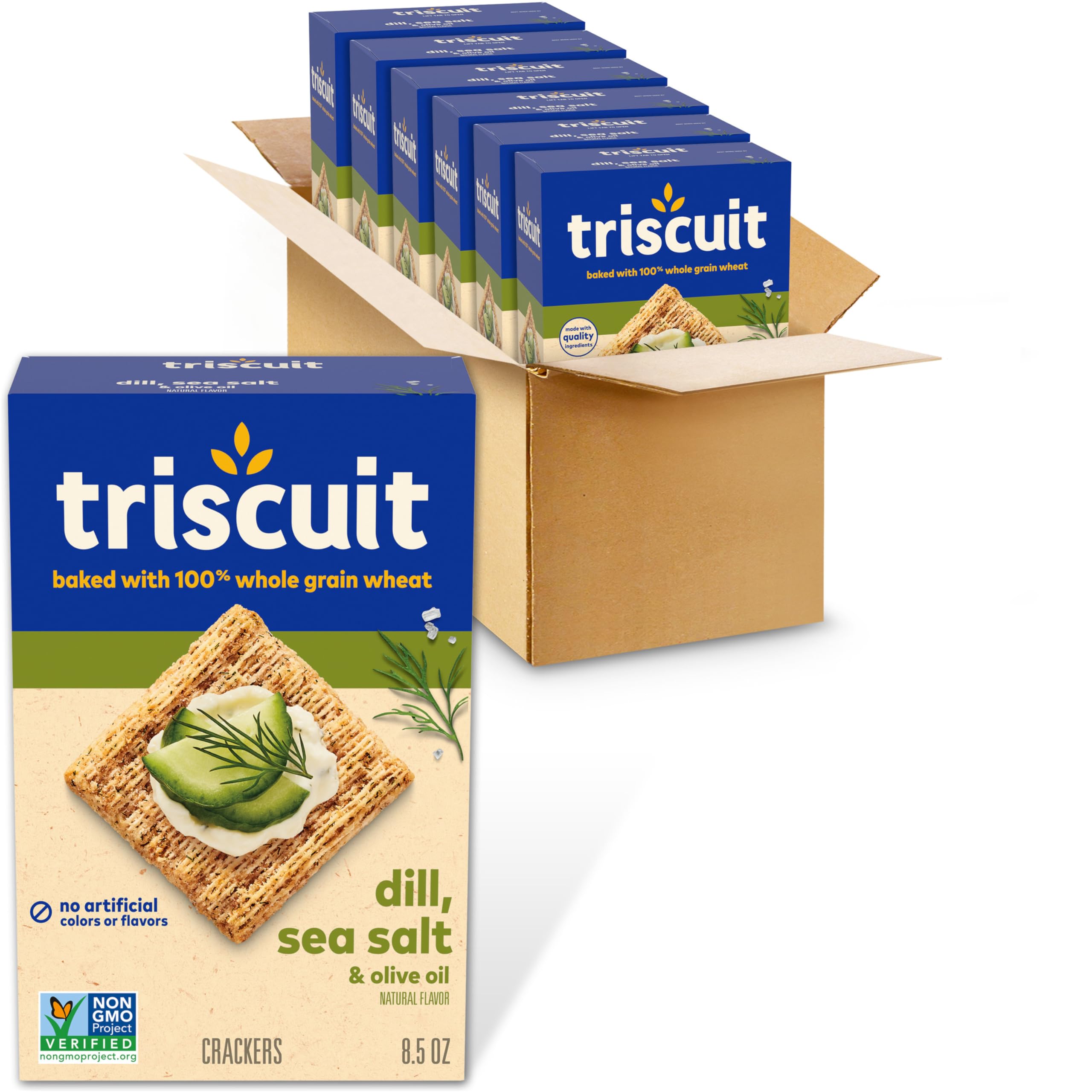 Triscuit dill-sea-salt-olive-oil-crackers box shows packaging for pantry-ready snacking.