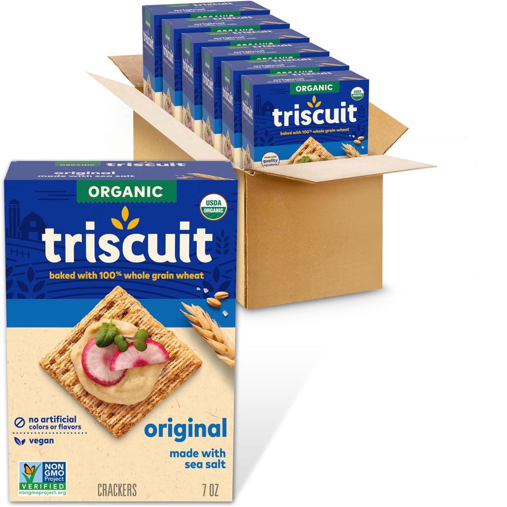 Triscuit Organic Original crackers box front, ideal for quick lunch snacks
