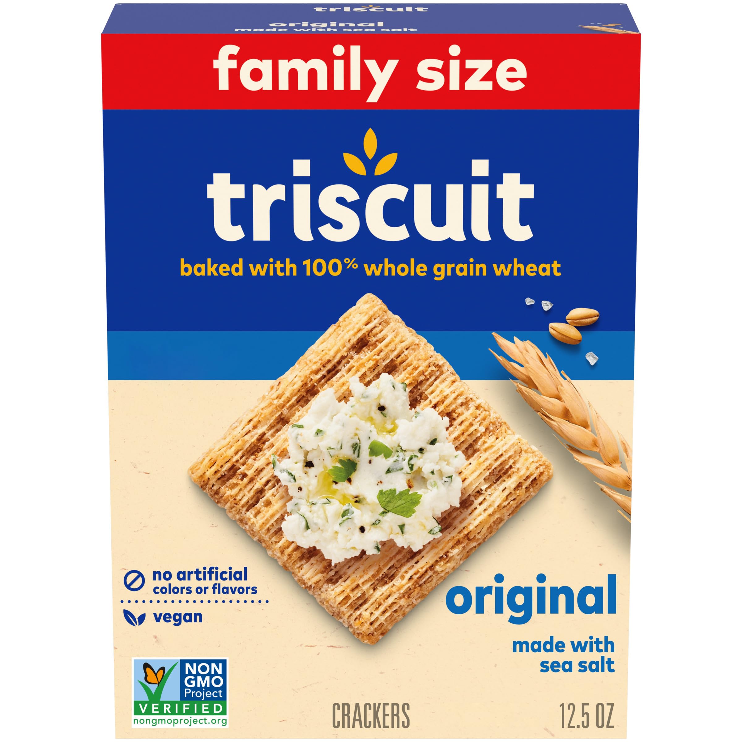 Triscuit Original crackers packaging highlights simple ingredients for everyday snacking.