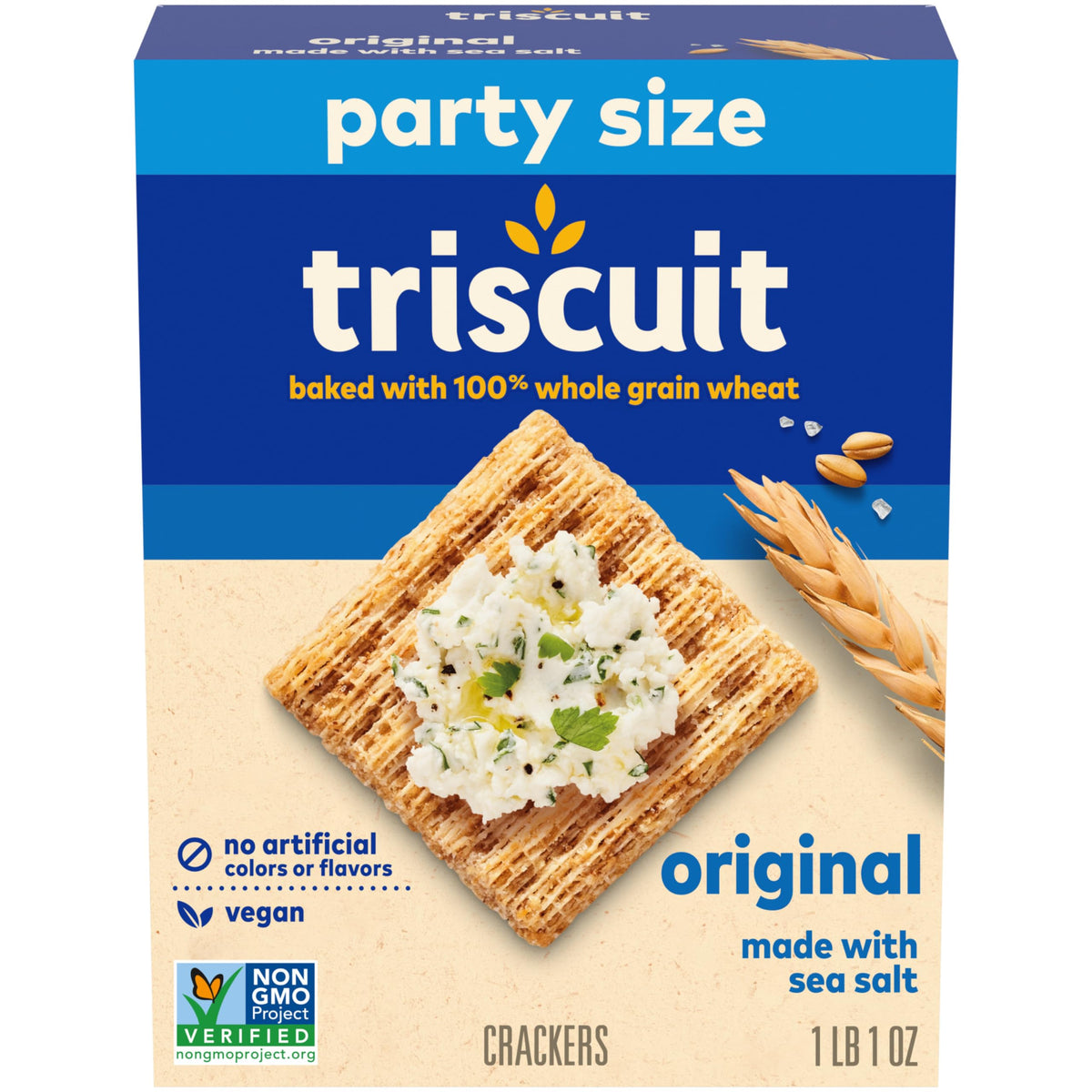 Triscuit Original packaging in a 17 oz box, ideal for gatherings.