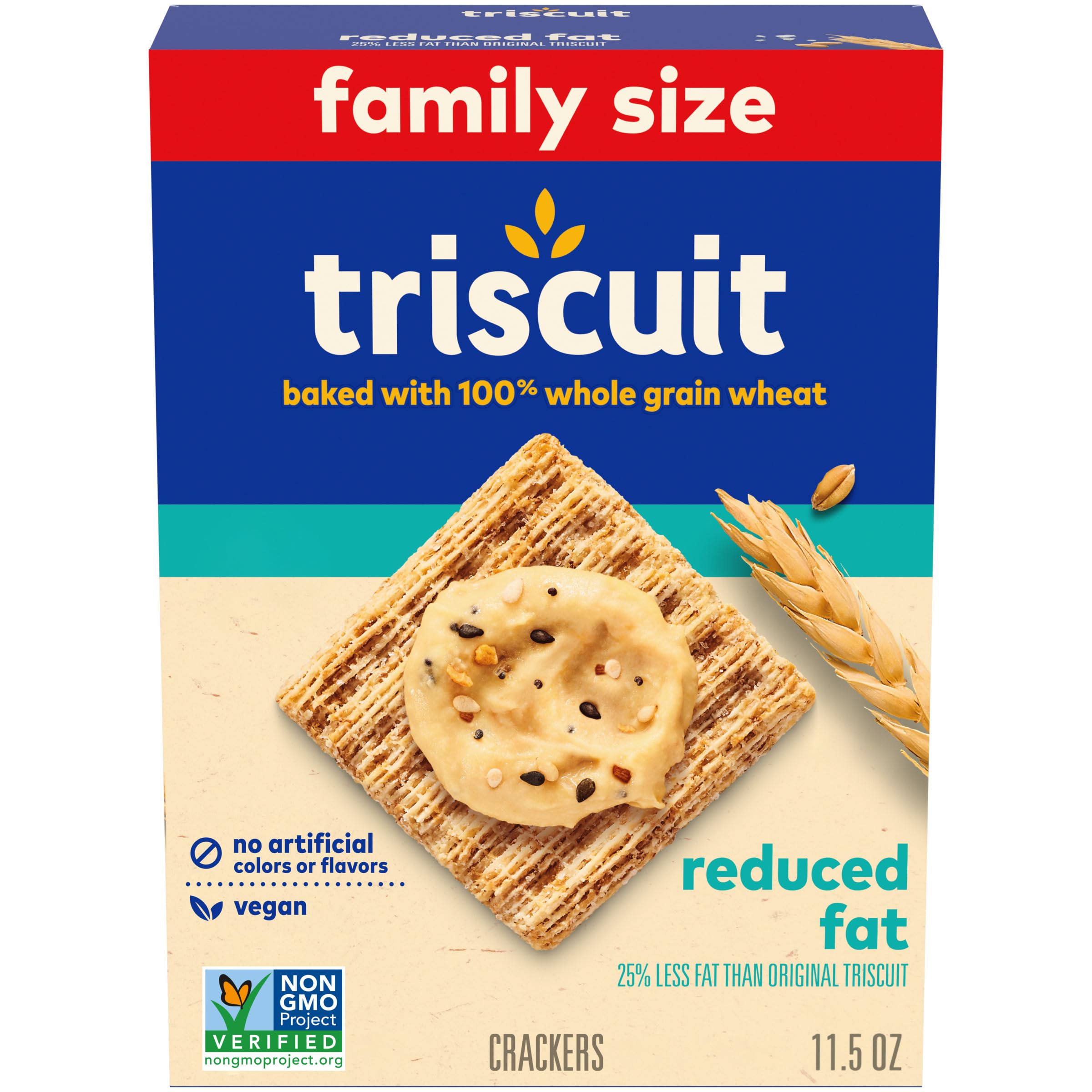 Triscuit Reduced Fat Whole Grain package showing a family-size snack for lunchboxes.
