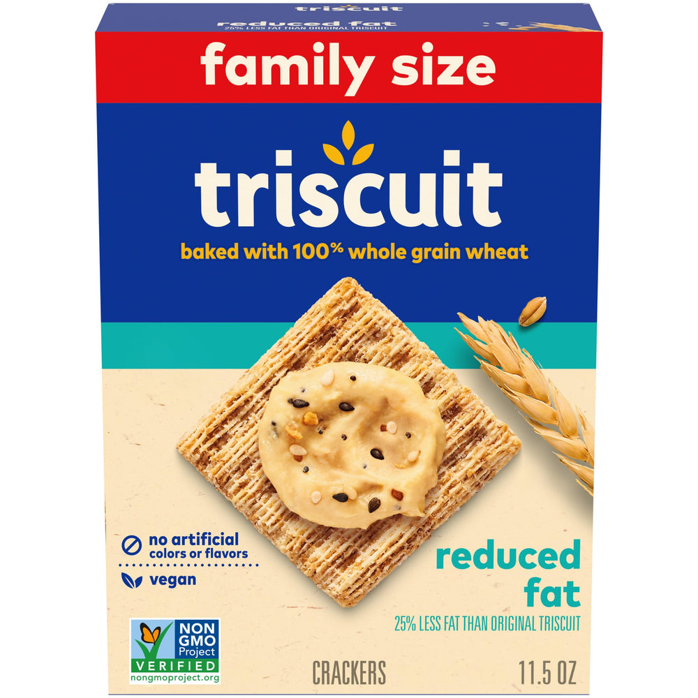 Triscuit Reduced Fat Whole Grain package showing a family-size snack for lunchboxes.