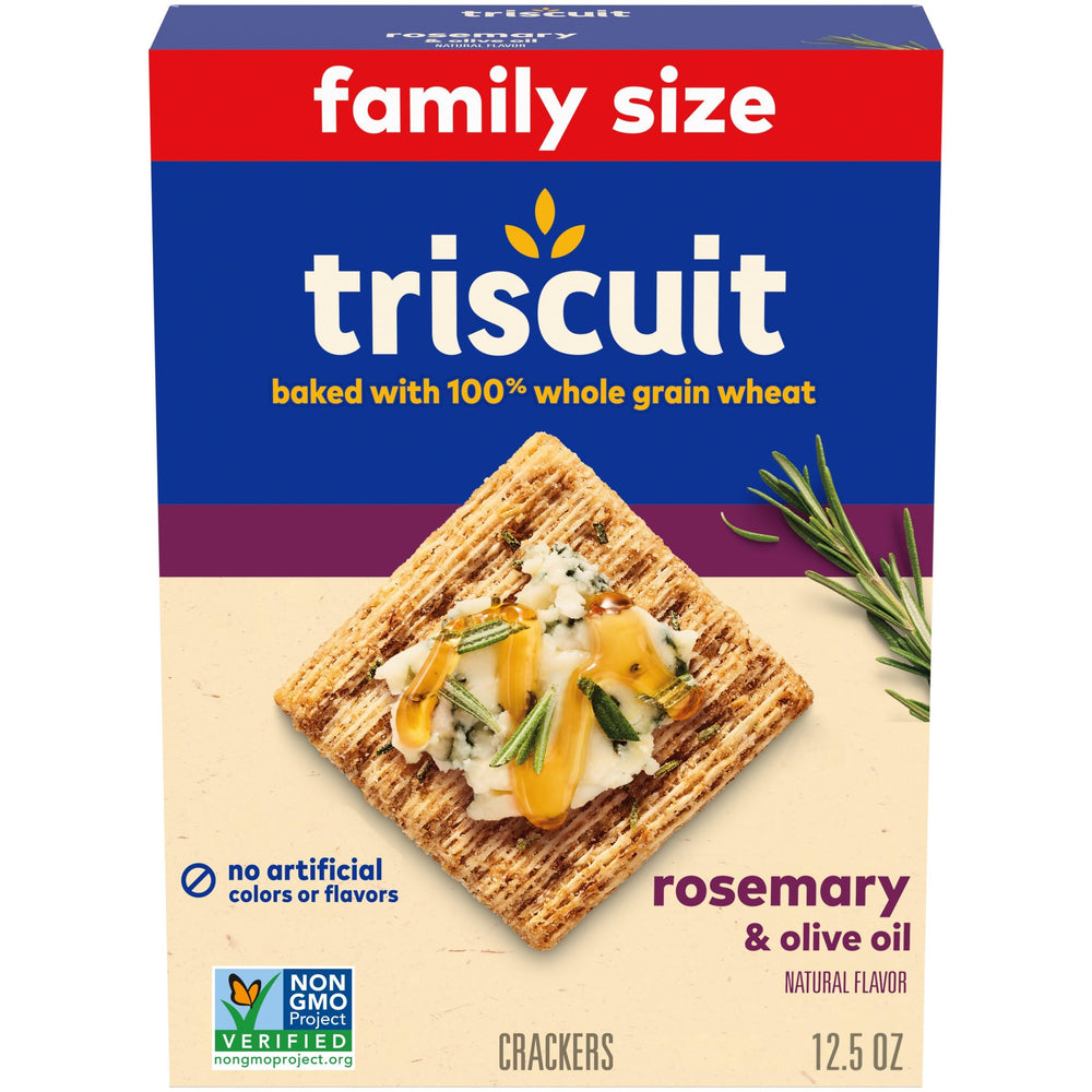 Triscuit Rosemary and Olive Oil crackers packaging shows a family size box for sharing