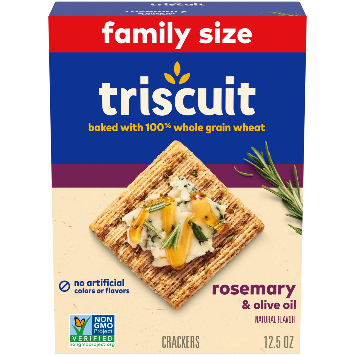 Triscuit Rosemary and Olive Oil crackers packaging shows a family size box for sharing