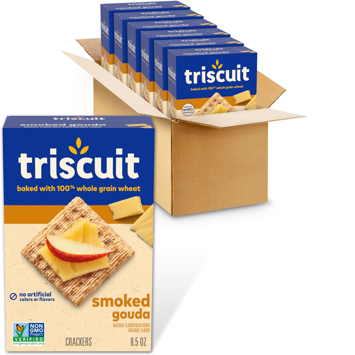 Triscuit Smoked Gouda crackers bulk pack close-up, convenient for family snacking.
