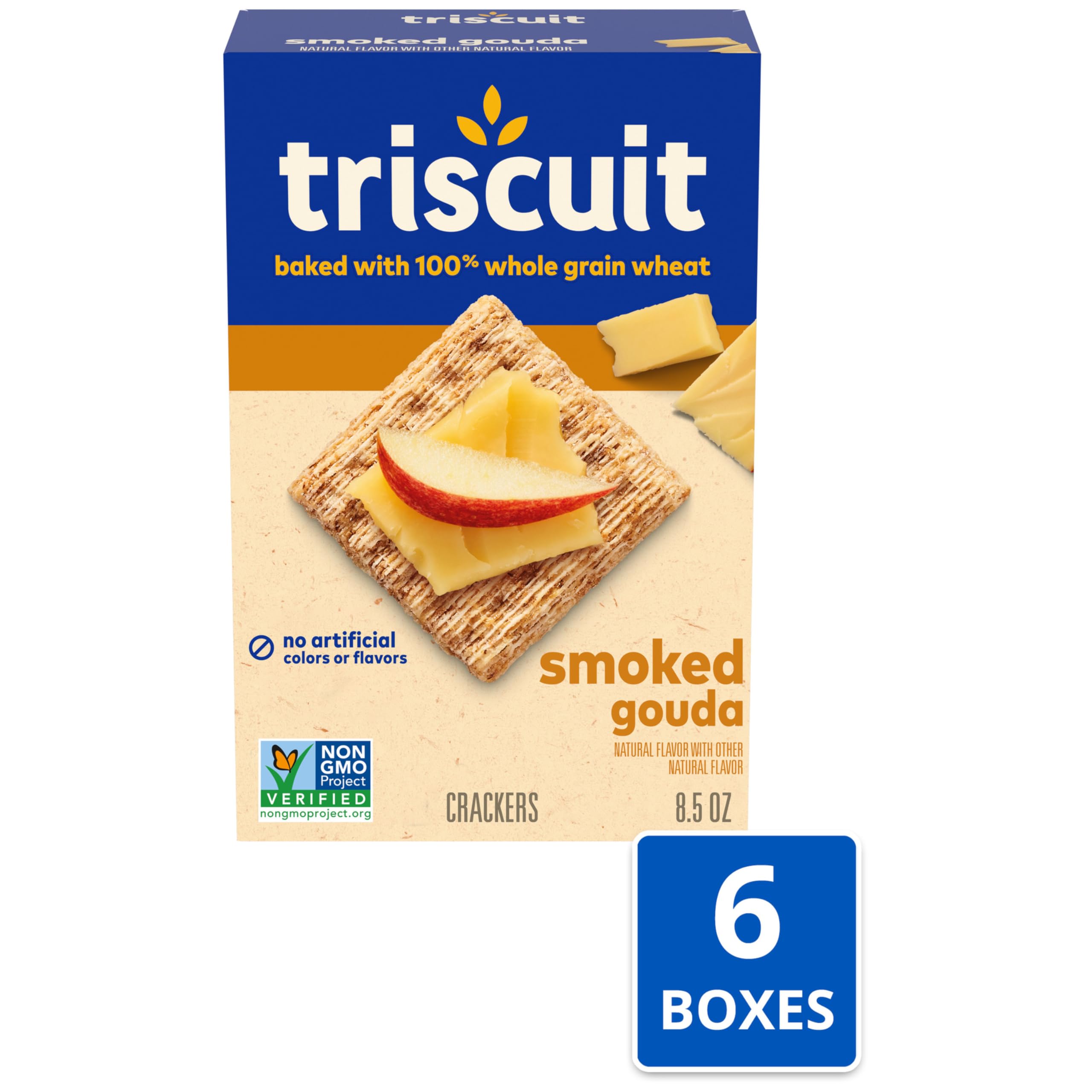 Triscuit Smoked Gouda crackers topped with cheese and fruit.