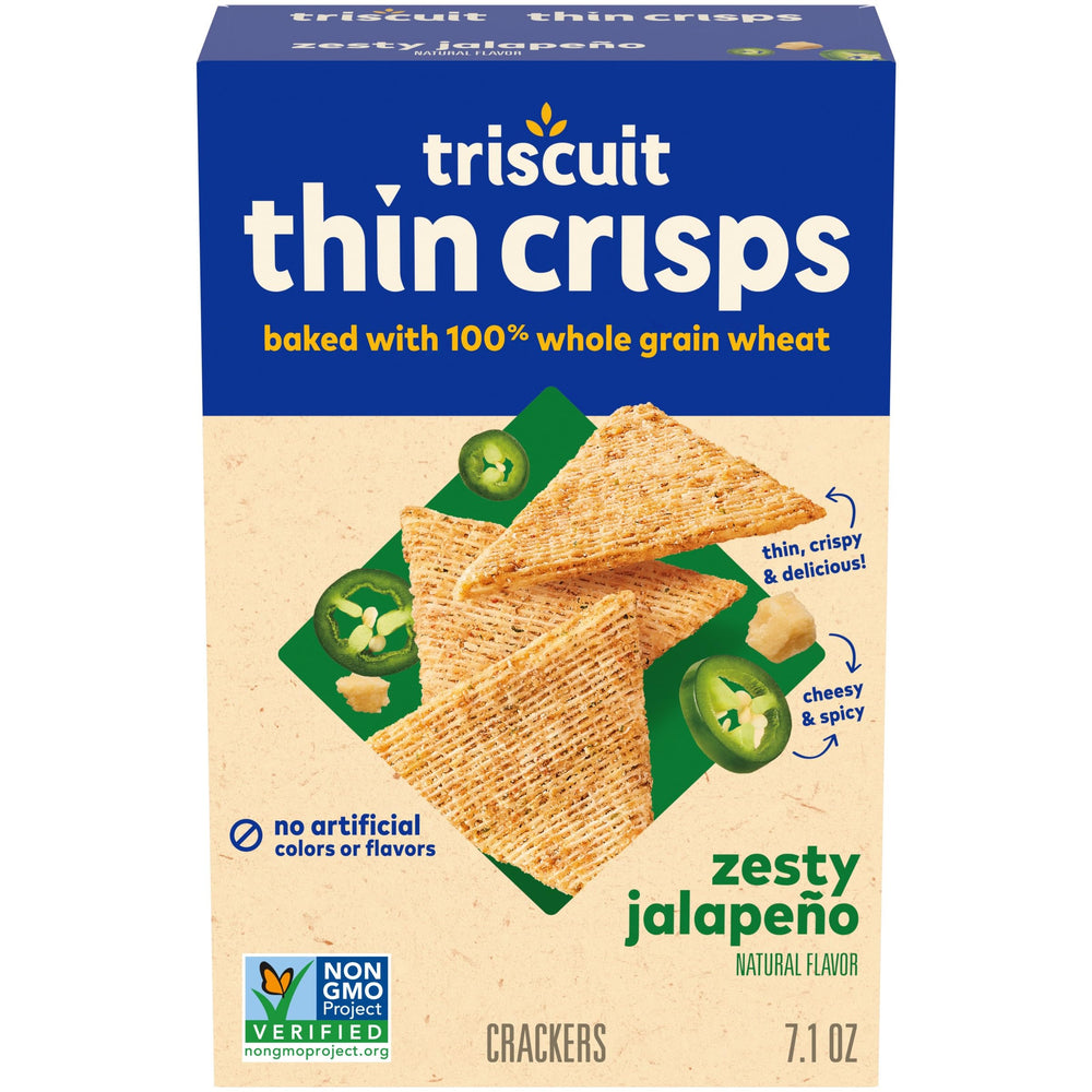 Triscuit Thin Crisps Zesty Jalapeño packaging close-up highlights wholesome whole grain base.