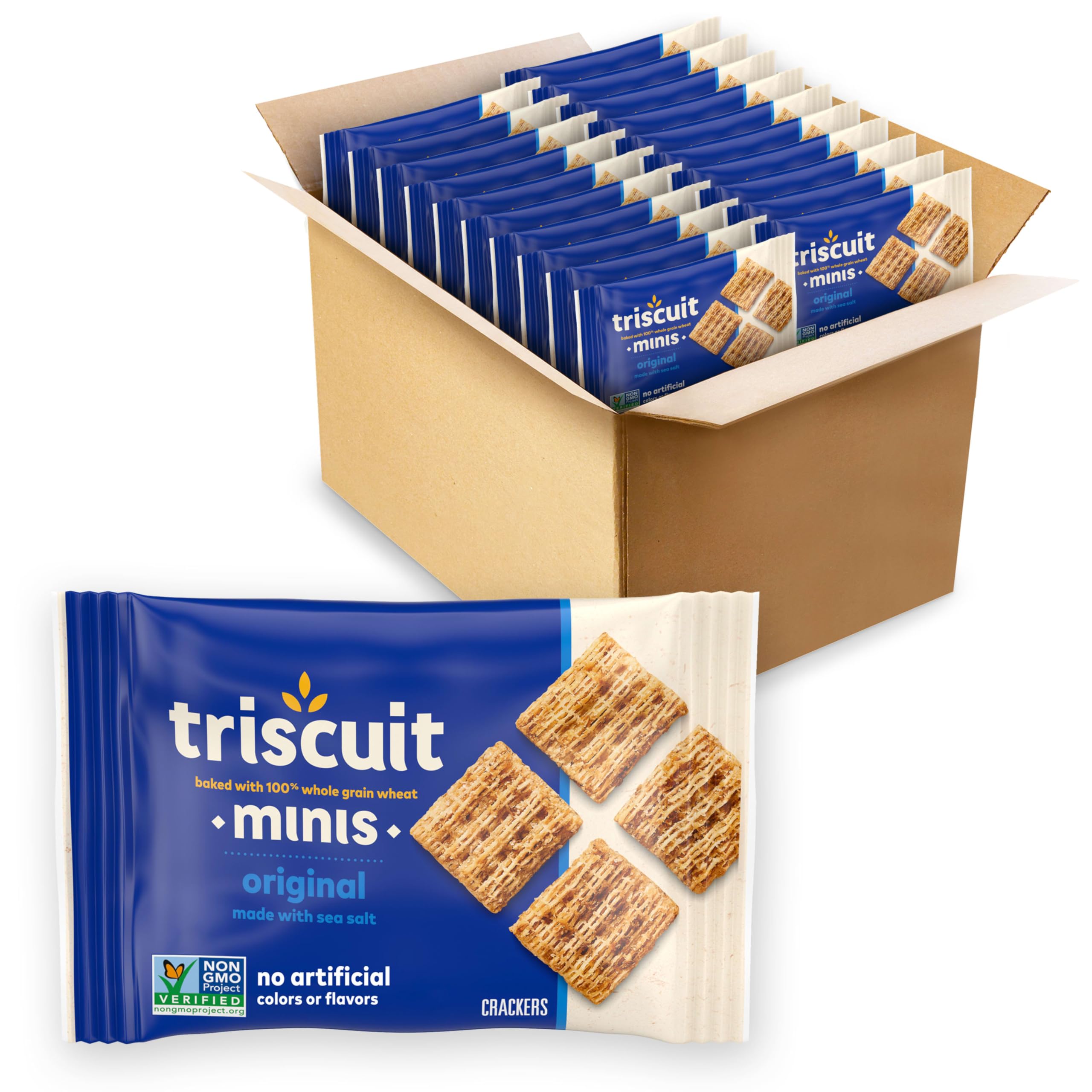 Triscuit Minis Original Whole Grain Wheat crackers in a front-pack view for grab-and-go.