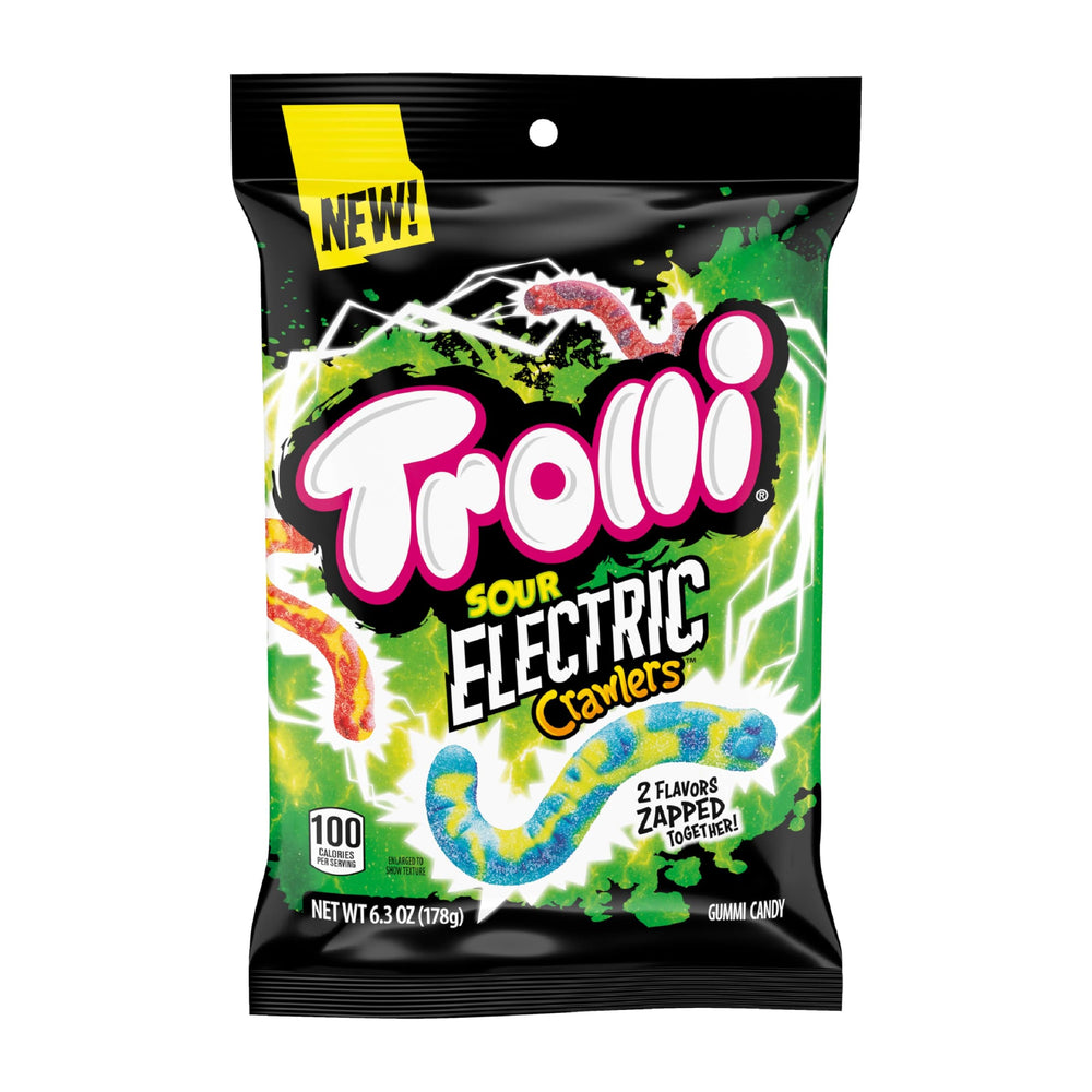Trolli Electric Crawlers bag front view with neon colors and sour flavor showcase