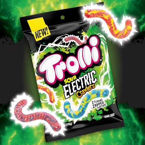 Trolli Electric Crawlers flavors closeup showcases Watermelon-Strawberry, Blueberry-Lemonade, Mango-Dragon Fruit