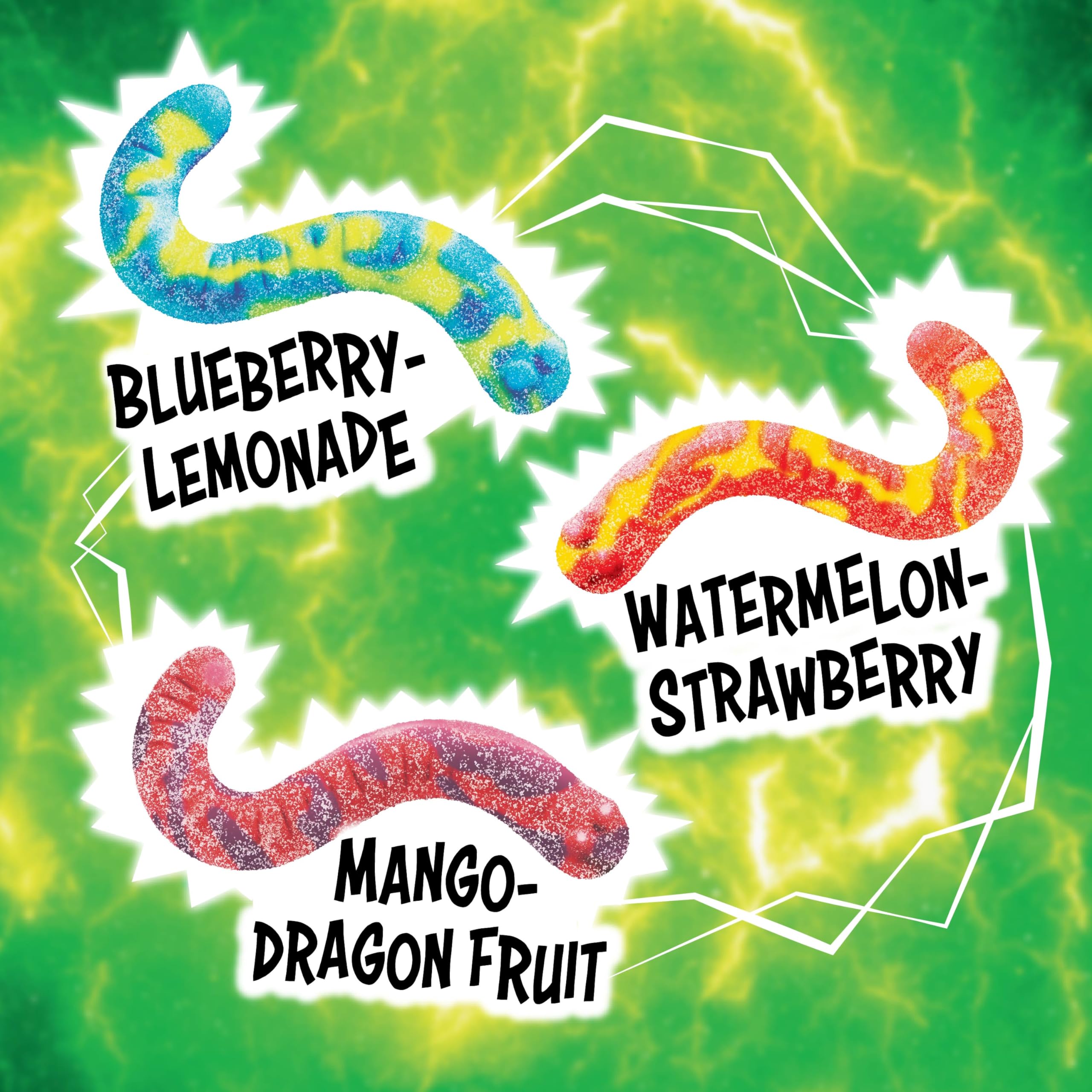 Trolli Electric Crawlers gummy worms texture highlighted for chewy bite and sour zing
