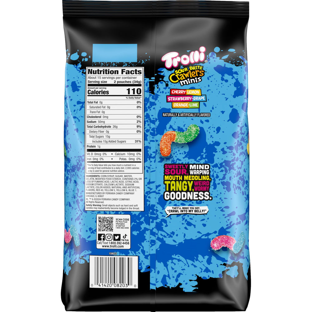 Tangy sugar coating on Trolli crawlers shines in light.