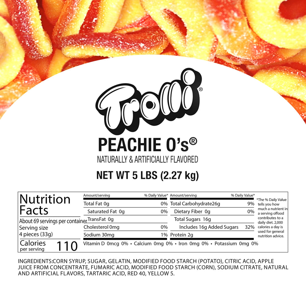 Trolli Peachie O's peach flavor rings close-up, vibrant color and chewy texture.
