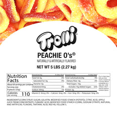 Trolli Peachie O's peach flavor rings close-up, vibrant color and chewy texture.